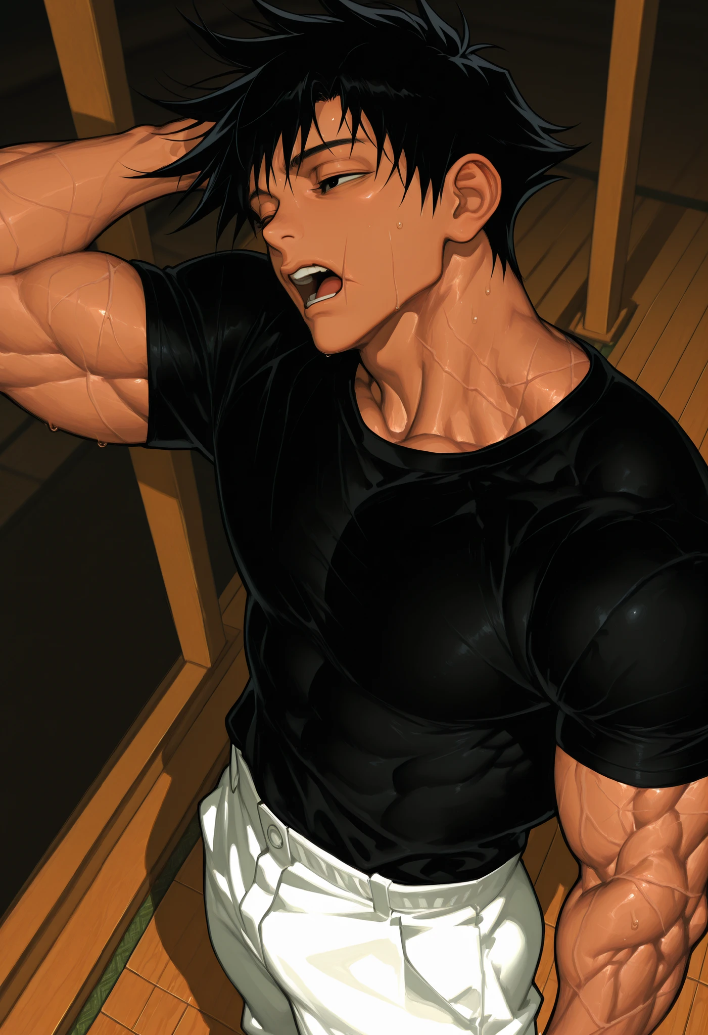 Toji Fushiguro,height:180cm, Physical structure :muscular, black hair,Monk Appearance,well-trained muscles,Abdominal muscles,sweat,backwards view image, scar on the mouth , black hair, Black Short Sleeve Shirt, wide white pants ,from above,arm behind the head,yawning,relaxed,Manhood, dynamic poses, dynamic angle, The image is clear and sharp ,eyes,plano medio,eyes, Sexy eyes,Masculine eyes,elegant Male, sexy eyes,short hair, business shirt,black hair,black eyes, elegant,black shirt,Solo eyes, Alone ,Simple wear,sexy eyes,Tomorrow,Japanese ,carefree,maduro eyes,maduro,temple,wooden floor,tatami,temple japanes,japan,sunrise view, Delicate representation , delicate lines ,Meticulous representation,low angle shot