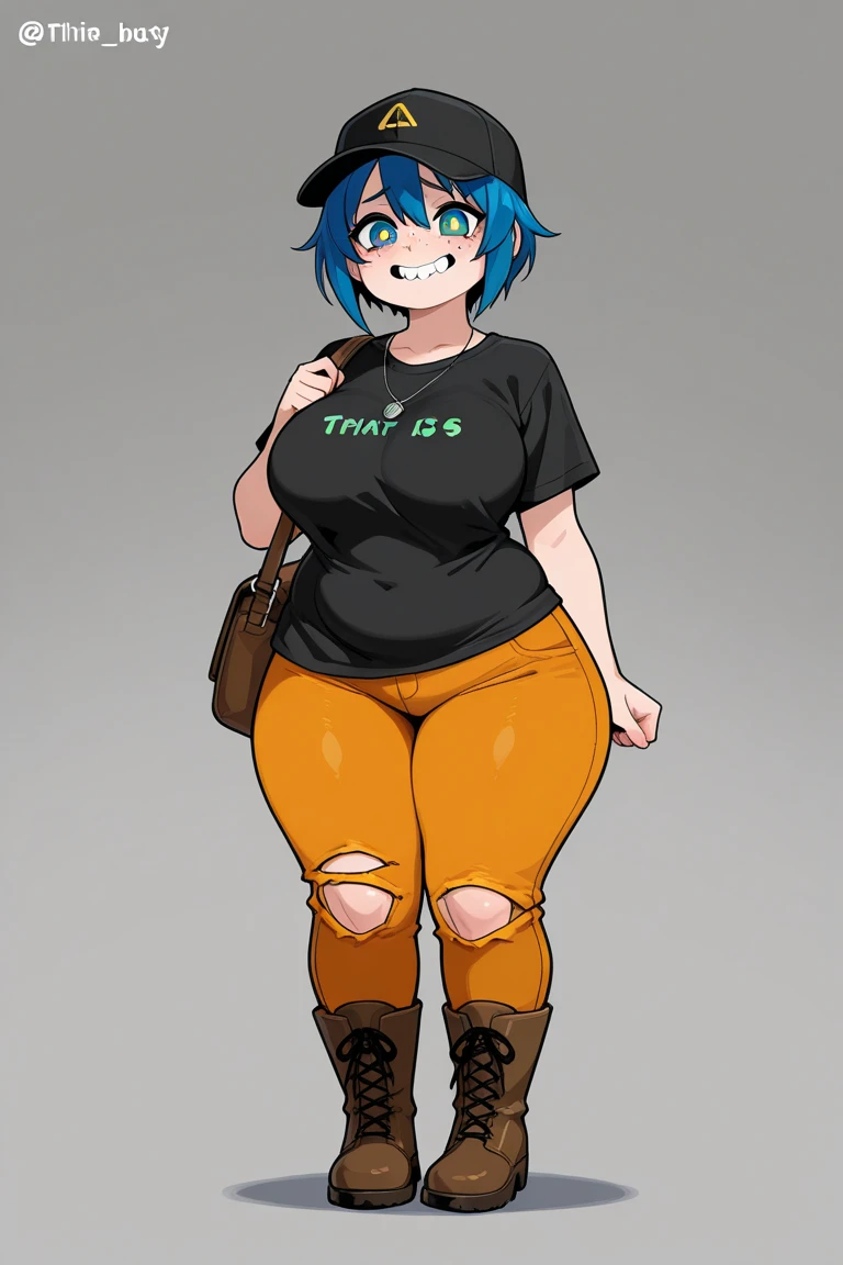 By bebebebebe, by lostgoose, by goonie-san, solo, female, smiling, happy, feline, tight pants, shirt, exposed midriff, big breasts, in city, (hair), detailed eyes, (detailed hands, well drawn hands)