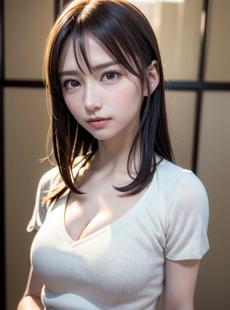 (8K、Photorealsitic、RAW Photography、top-quality: 1.3)、(1girl)、Super beauty、(Real Face)、(boyish、Berry shorthair in natural color)、T-shirt with a rough chest、Tempting viewers、beautiful expression、Beautiful breasts、Lover's perspective、(real looking skin)、beautiful smiling face、(soldier)、enticing、超A high resolution、A hyper-realistic、high-detail、hanikami
