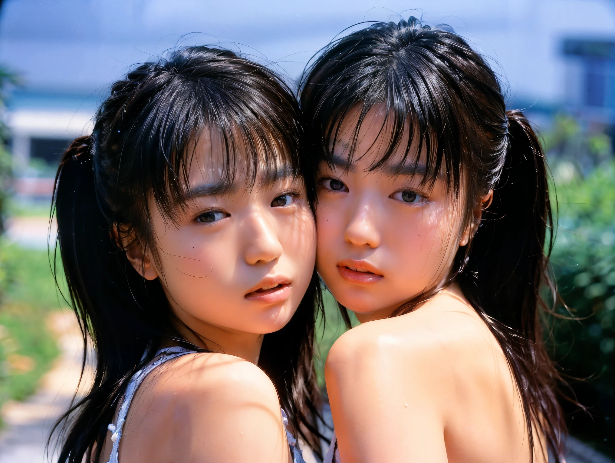 (8K, RAW photo, best quality, masterpiece:1.2), (realistic photo), (photorealistic:1.37), ultra-detailed, ultra high resolution, (8k, ultra high definition, cinematic lighting), grainy film photography style, emotional depth,
4. Studio portrait of Japanese twins sharing a delicate kiss, gentle backlight, expressing emotional vulnerability.