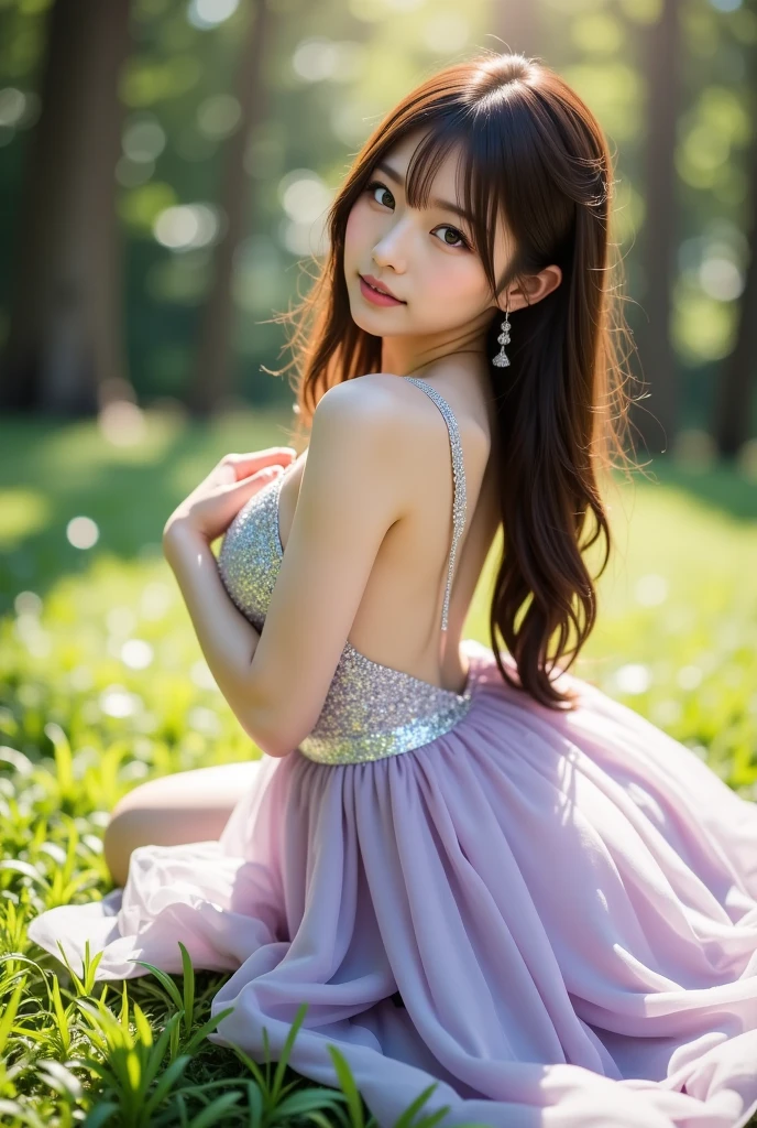 (((1))),((Photorealistic))), ((AKB 48)), (Full body photo))), (Lens flare)),((Backlight)), (In the woods))((Dark mountain lake))),(((Rock in the background)),(Flower crown,(Smiling)),((NIKON Z)),(19 years old),(Small bust))))( bright red wedding dress)))), (((Pore feeling)))), (skin feeling)))), (((Photorealism: 6, realistic)))), (sideways and turning around pose)),Perfect lower body shape, side ponytail, ribbon, hair ornament, pale skin, looking at the viewer, small waist