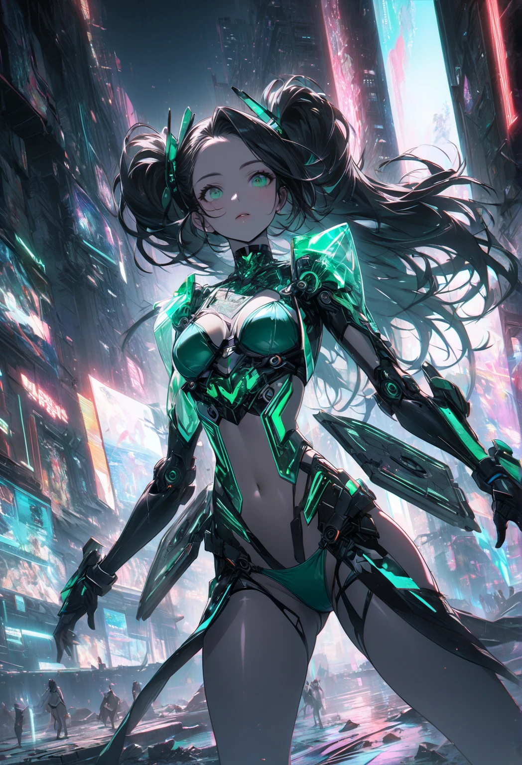 Monochrome Tiffany Blue, Highest quality, very detailed, delicate and dynamic, Three-dimensional effect expressed through light and shadow, Cyberpunk cityscape, Eye-catching effect, modern art, Low-Angle, cinematic angles, looking at the viewer with a love struck expression. Pretty woman in her 20s, young adult, mature girl, detailed face, detailed eyes, pouty lips, full lips, detailed sweaty skin, thick thighs, lean but fit, tall, emerald green eyes, lower back length long black hair with emerald green inner hair. Part of the clothing is translucent, translucent parts has a slight illumination, bikini armour, bikini_armour, skimpy outfit, thigh highs, boots, transparent pelvic curtains, pelvic_curtain, emerald green skimpy powered exosuit, translucent large raincoat on top, open, standing in a contemplative pose amidst the neon-lit ruins, textured digital art with muted tones and subtle ambient noise, detailed and intricate illustration, dystopian and gritty yet beautiful, a glimmer of hope in the decay, illuminated character, character lighting,