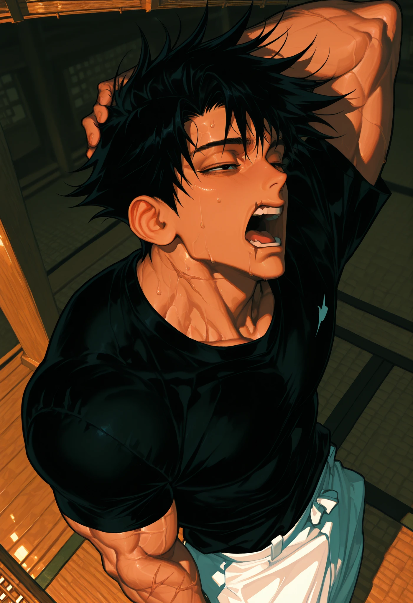 Toji Fushiguro,height:180cm, Physical structure :muscular, black hair,Monk Appearance,well-trained muscles,Abdominal muscles,sweat,backwards view image, scar on the mouth , black hair, Black Short Sleeve Shirt, wide white pants ,from above,arm behind the head,yawning,relaxed,Manhood, dynamic poses, dynamic angle, The image is clear and sharp ,eyes,plano medio,eyes, Sexy eyes,Masculine eyes,elegant Male, sexy eyes,short hair, business shirt,black hair,black eyes, elegant,black shirt,Solo eyes, Alone ,Simple wear,sexy eyes,Tomorrow,Japanese ,carefree,maduro eyes,maduro,temple,wooden floor,tatami,temple japanes,japan,sunrise view, Delicate representation , delicate lines ,Meticulous representation,low angle shot