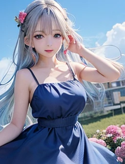 (highest quality, masterpiece), One girl, Twin tails、Pause, particle, Wind, flower, Upper Body, Simple Background, View your viewers, , Milky Way,smile、Turquoise eyes、(Silver Long Hair)、cute、Twin taililky way、Crescent Moon、、(((flower柄、Semi-transparent sailor suit、Stylish lace mini skirt,Translucent swimsuit)))、