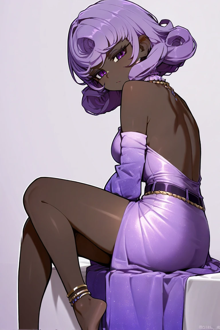 1 woman, dark skin, purple shades, royal dress, queen crown, plump body, hair drills, crossed legs, scary expression, view from below, sitting on park bench