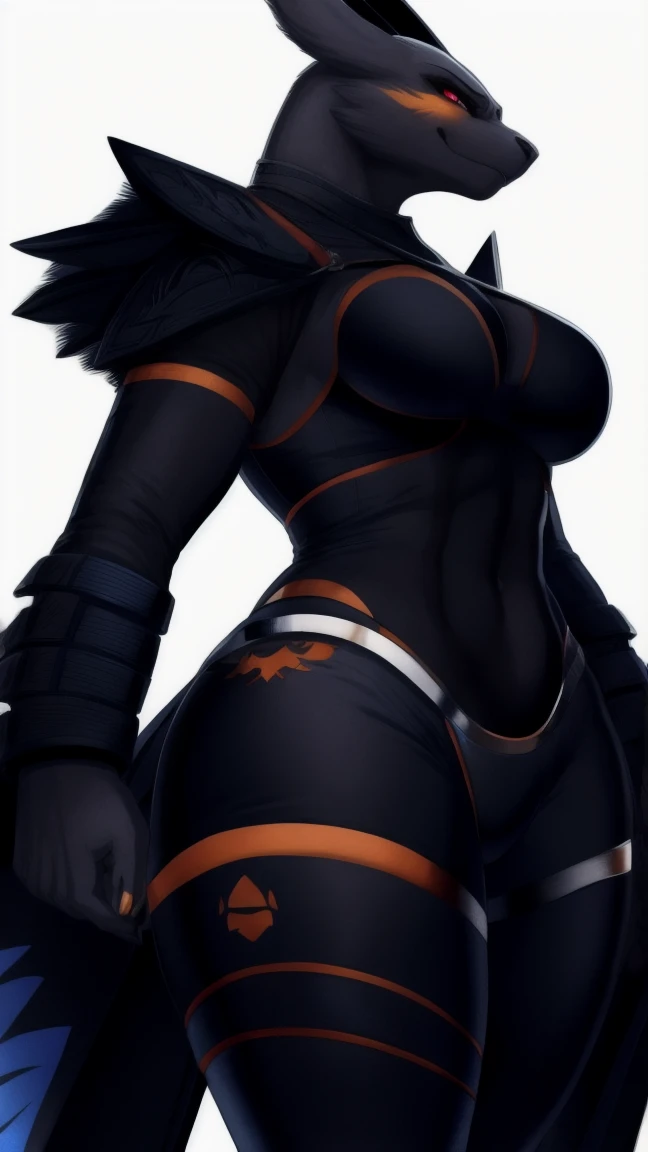 Furry cat, Orange eyes, Spiky Hair, Orange and Black fur, holding sword, standing, big boob