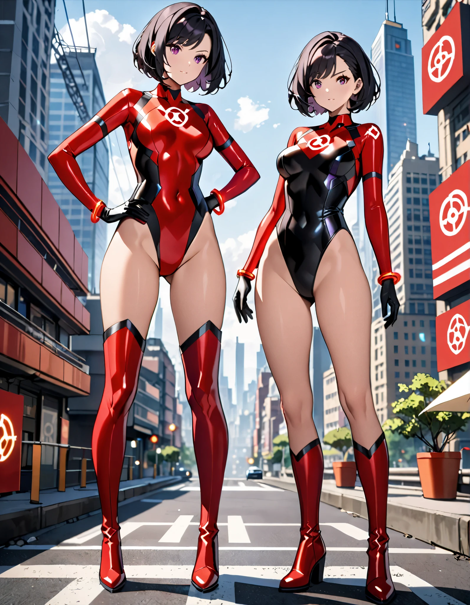 2girls, medium breasts, leotard, red leotard with blue accents, bare legs, boots, matching boots, bracelets, city backdrop, solo, single, standing, full body shot, cowboy shot, beautiful detailed eyes, blue eyes, mature lady, red hair, medium hair, short hair, bob hair, superhero