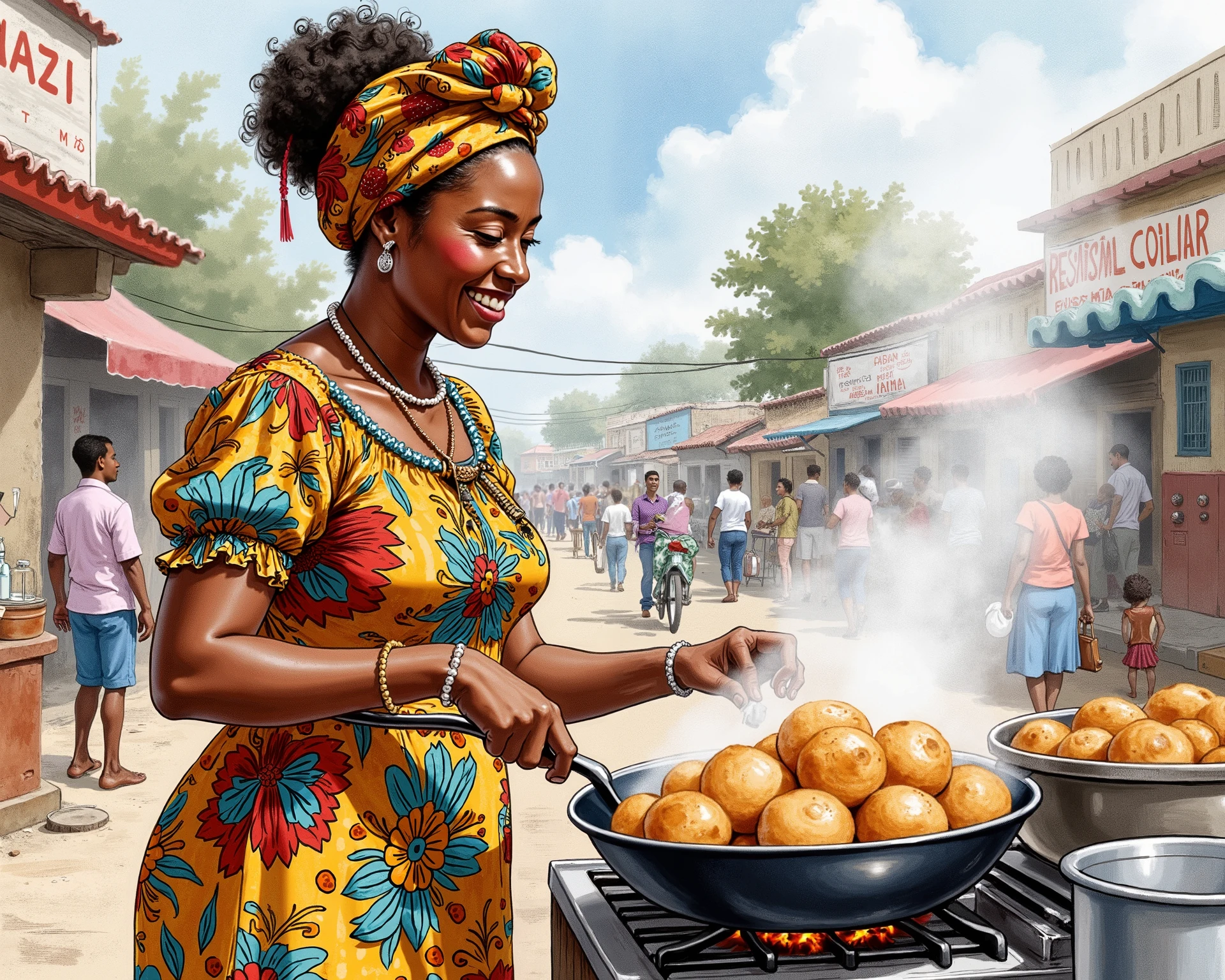 A woman frying buns in local Nigerian street, dressed in Ankara outfit
Water color illustration, no background