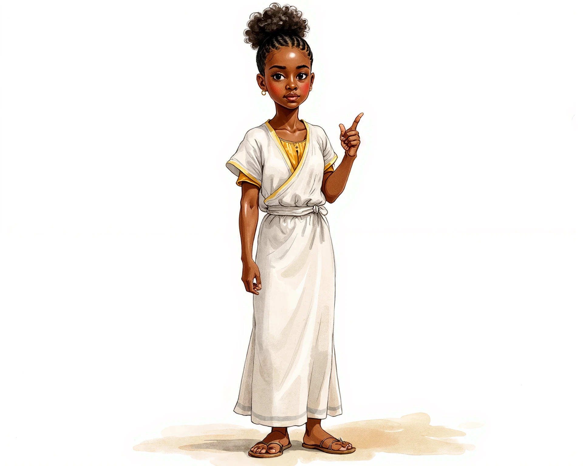 A girl standing and pointing, full body view, Nigerian
Water color illustration, no background