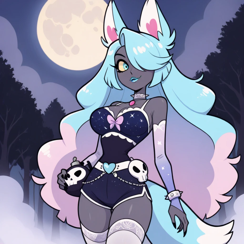 Black Fox, (White Body:1.3), (((masterpiece))), collar, (Dragon Wings:1.45), (headphones:1.4), short hair, black hair, blush, (headphones:1.55), ((Thigh High Socks, Femboy Clothing, Femboy Thigh Highs:1.2)), ((a blue eye left, a pink eyes right:1.55)), (((Femboy))), full body, ((womb tattoo, glowing tattoo:1.52)), ((guy look like women:1.52)), (fox tail:1.52), Full HD, 8K, ((short pant, Hoodie crop:1.52)), ((underwear:1.45)), ((full moon, blue moon:1.45)) public indecency, (small breasts:1.35), (Trap:1.55), (shy:1.55), (cat keyhole:1.27), cyber city,
