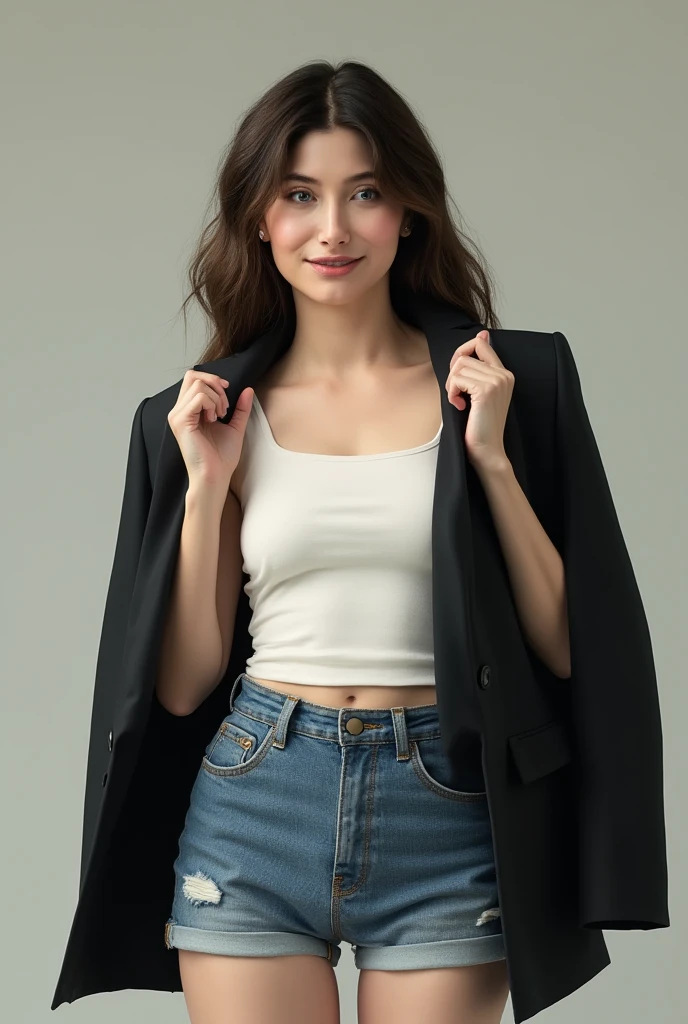 Generate a detailed young lady in her 24 years physical appearance. Highlight her tall and slender build, symmetrical face with high cheekbones and a defined jawline, almond-shaped light gray eyes, and varying hairstyles, from long and straight to shorter cuts. Emphasize her stylish fashion sense, often seen embracing contemporary and chic looks both on and off the runway."