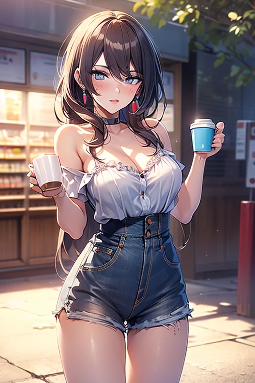 (masterpiece, Best Quality, ultra-detailed, high resolution, extremely detailed CG, official art, Professional Lighting, Perfect Anatomy, anime colors), (from below), looking at viewer, cowboy shot, perfect body, a 24yo beautiful girl, sidelocks, hairband, earrings,medium hips, glamorous body,a small face,beautiful-makeup,Makeup light,dark brown hair, Amazing Cleavage, thin waist, cute ass, Raised sexy, small breast: 1.2 posed cleavage:1.2, (off shoulders,Denimbra,legginullnude), micro denim shorts, bare legs, nail_polish, pale skin, Waiting friend, (morning:1.5), tokyo, (convenience store:1.3), outdoor, (depth of field:1.3), contrapposto, (Hold a coffee in your hand:1.3),delicate beautiful face, Bright blue eyes, cute eyes, sparkling eyes, Big eyes, (perky chest:1.1), (pointed chest:1.3), looking at viewer,
