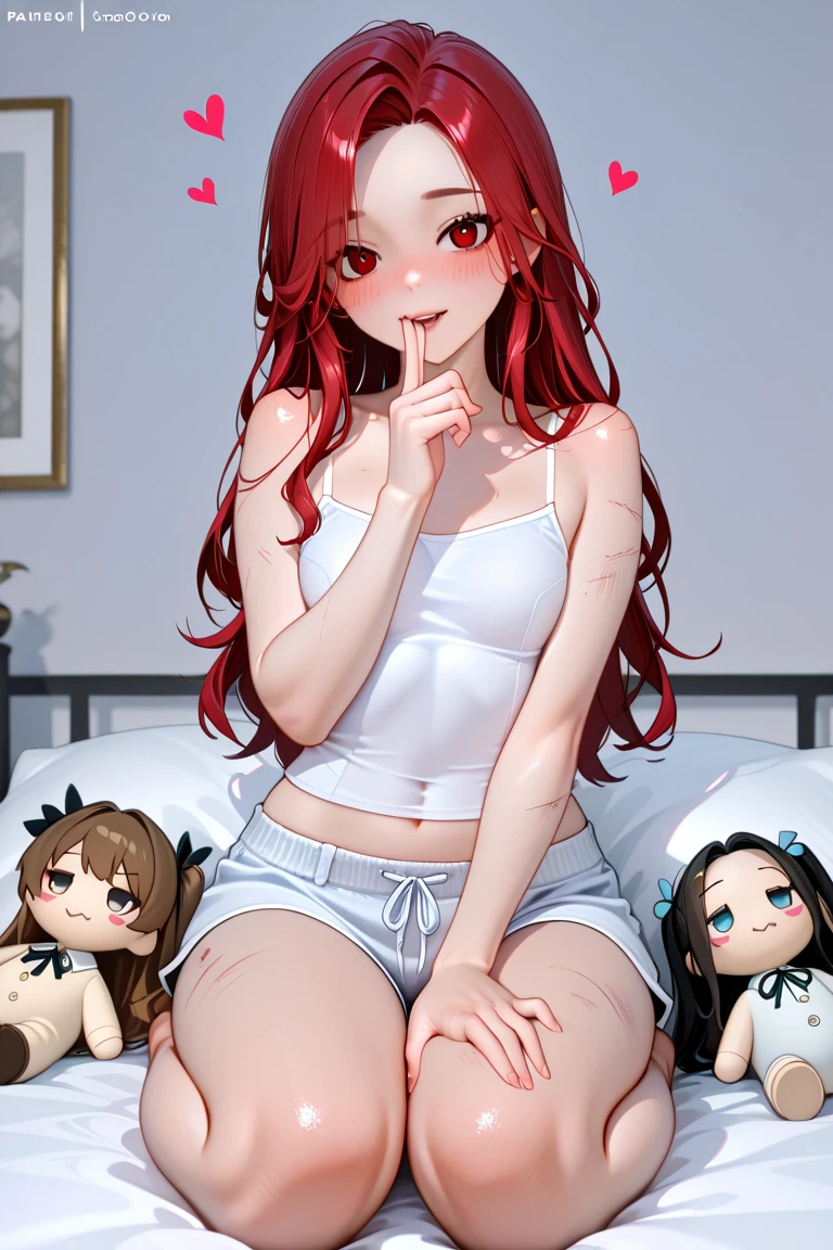 Red-haired girl lying on the bed in a sexy position, long hair, brown eyes, black blouse, black jeans, beautiful, sexy, perfect breasts, perfect figure, tight clothes, navel visible, red panties visible, excited smile