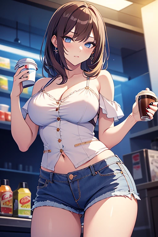 (masterpiece, Best Quality, ultra-detailed, high resolution, extremely detailed CG, official art, Professional Lighting, Perfect Anatomy, anime colors), (from below), looking at viewer, cowboy shot, perfect body, 24yo beautiful 1girl, medium hips, glamorous body,a small face,beautiful-makeup,Makeup light,Shortcut Hair,dark brown hair、Bust b Cup, Amazing Cleavage, thin waist, big ass, Raised sexy, big breast: 1.2 posed cleavage:1.2, (off shoulders,Sportsbra,legginullnude), micro denim shorts, bare legs, nail_polish, pale skin, Waiting friend, (morning:1.5), tokyo, (convenience store:1.3), outdoor, (depth of field:1.3), contrapposto, (Hold a coffee in your hand:1.3),delicate beautiful face, Bright magenta eyes, cute eyes, sparkling eyes, Big eyes, (big breasts:1.3), (perky chest:1.1), (pointed chest:1.3), looking at viewer,