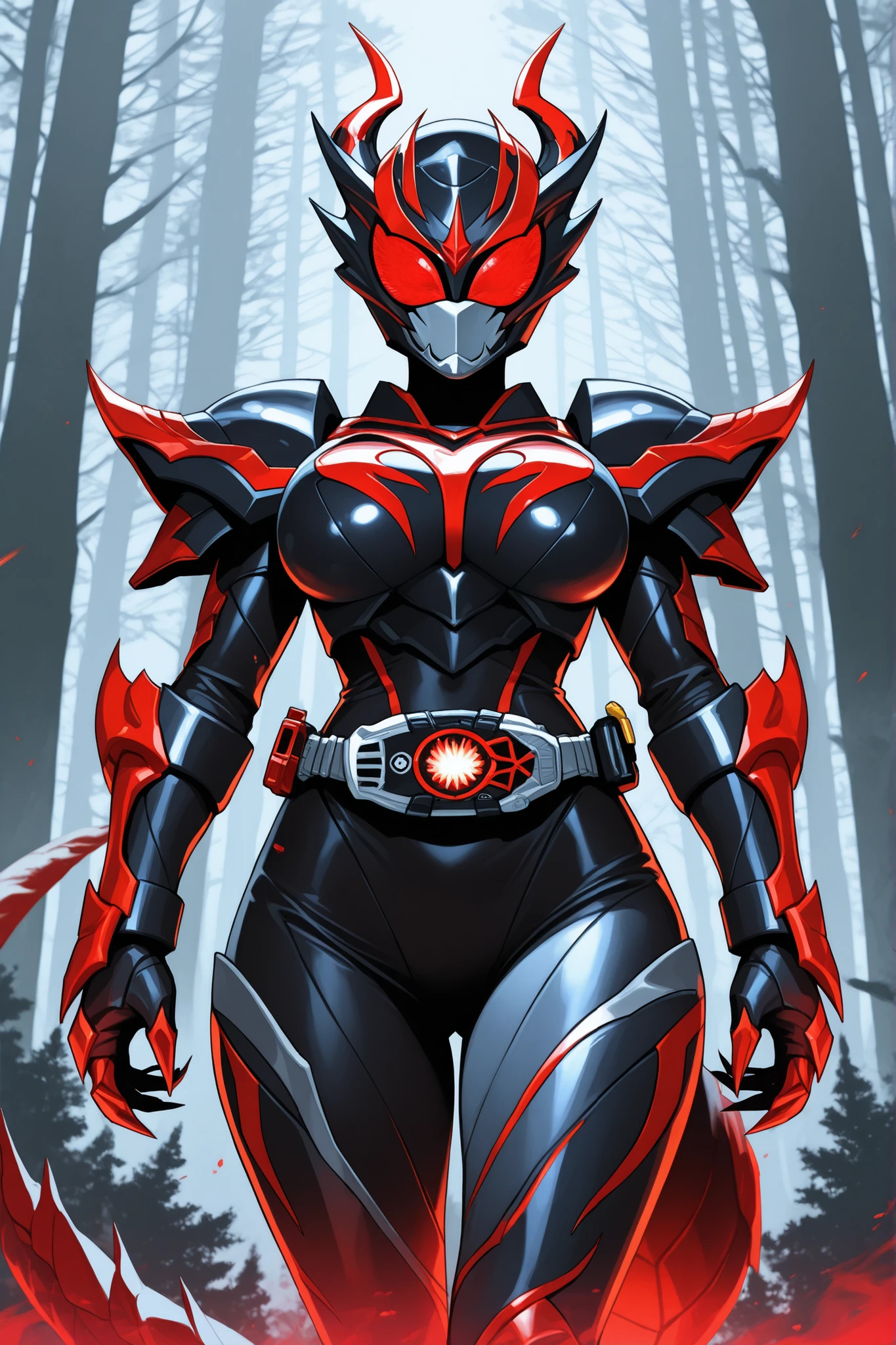 absurdres, (((Ultra HD))), (((Ultra High Quality))), ((hyper detailed)), ((Ultra High Resolution)), (Highly rendered), ((detailed eyes)), (((8K))), ((perfect face)), ((masterpiece)), cinematic, darkened, high contrast, solo, 1girl, large breasts, armor, helmet, dragon horns, dragon tail, red and black armor, Kamen Rider armor, clawed gauntlets, super sentai, forest background