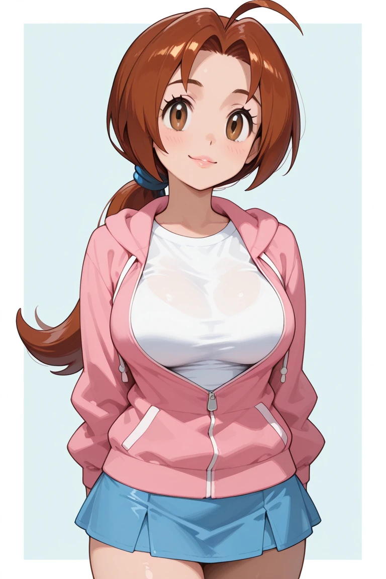masterpiece, best quality, 1girl, solo, <lora:inoueorihime-bleach-richy-v1:1> orihimepink, pink shirt, shorts, thighhighs