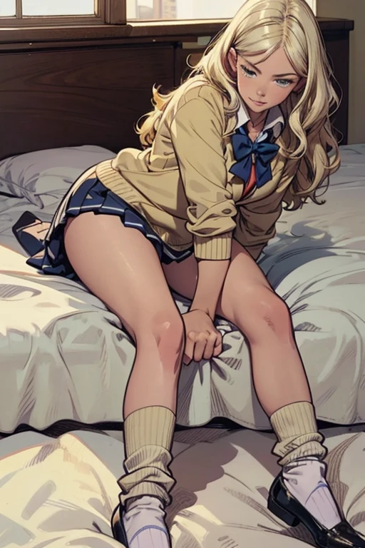 sexy,solo,girl,(wavy hair,blonde hair),
(school uniform:1.2),baggy socks,
lie down,
On bed,