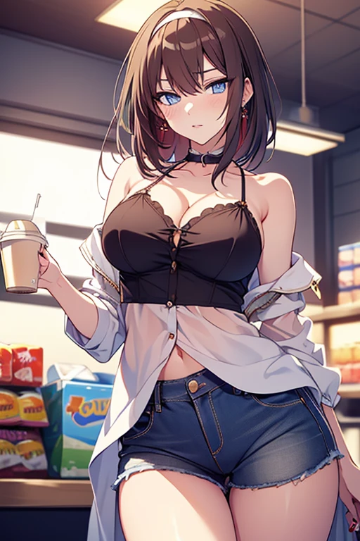 (masterpiece, Best Quality, ultra-detailed, high resolution, extremely detailed CG, official art, Professional Lighting, Perfect Anatomy, anime colors), (from below), looking at viewer, cowboy shot, perfect body, 24yo beautiful 1girl, medium hips, glamorous body,a small face,beautiful-makeup,Makeup light,Shortcut Hair,dark brown hair、Bust b Cup, Amazing Cleavage, thin waist, big ass, Raised sexy, big breast: 1.2 posed cleavage:1.2, (off shoulders,Sportsbra,legginullnude), micro denim shorts, bare legs, nail_polish, pale skin, Waiting friend, (morning:1.5), tokyo, (convenience store:1.3), outdoor, (depth of field:1.3), contrapposto, (Hold a coffee in your hand:1.3),delicate beautiful face, Bright magenta eyes, cute eyes, sparkling eyes, Big eyes, (big breasts:1.3), (perky chest:1.1), (pointed chest:1.3), looking at viewer, 