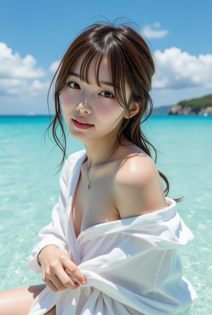 top-quality、8K、32K、masterpiece,)Beautiful woman、Natural look、Look away 、Under the sea、Hair is wet、submerged below the face、The bikini、steam、Soft atmosphere、moment、No makeup、Taken from the side、the sea is shining、evening,Shooting from a distance、casual expression