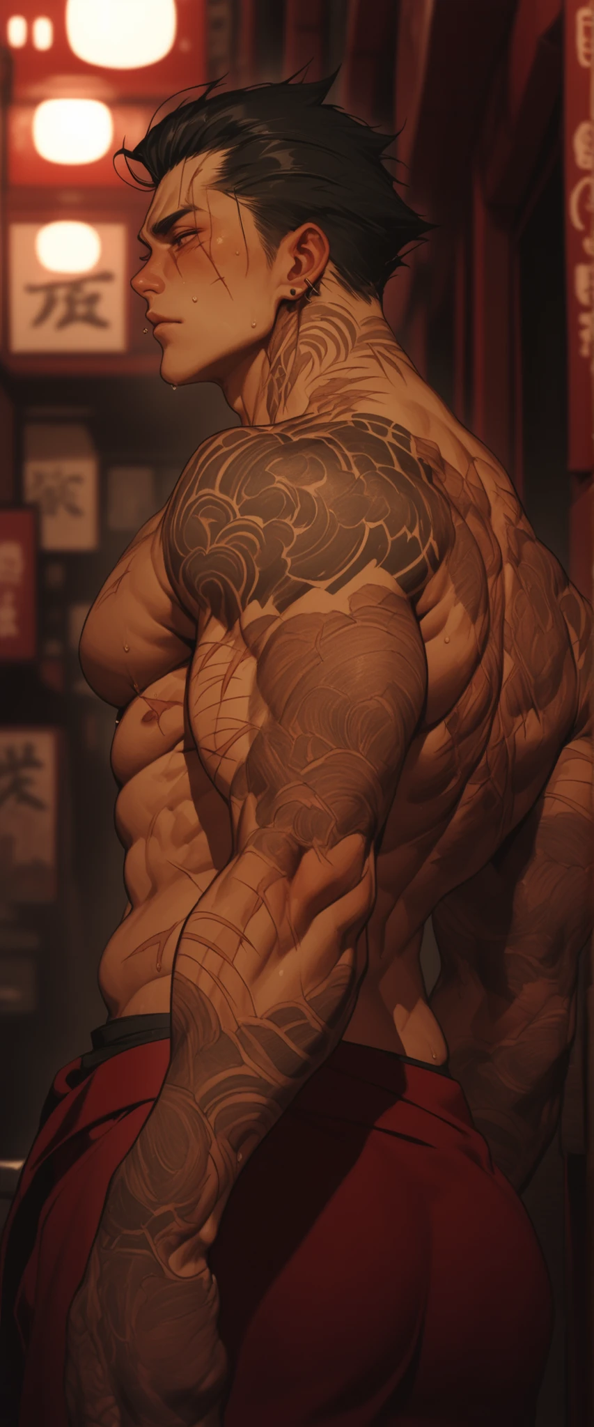 Japanese mofioso,height：188cm,   Physical structure  ：muscular, black hair,Monk Appearance,well-trained muscles,Abdominal muscles,sweat,backwards view image,traditional Japanese tattoo,The tattoo has a red pattern on the arm and back,scars from cuts ,stab scars,stitched ,yakuza