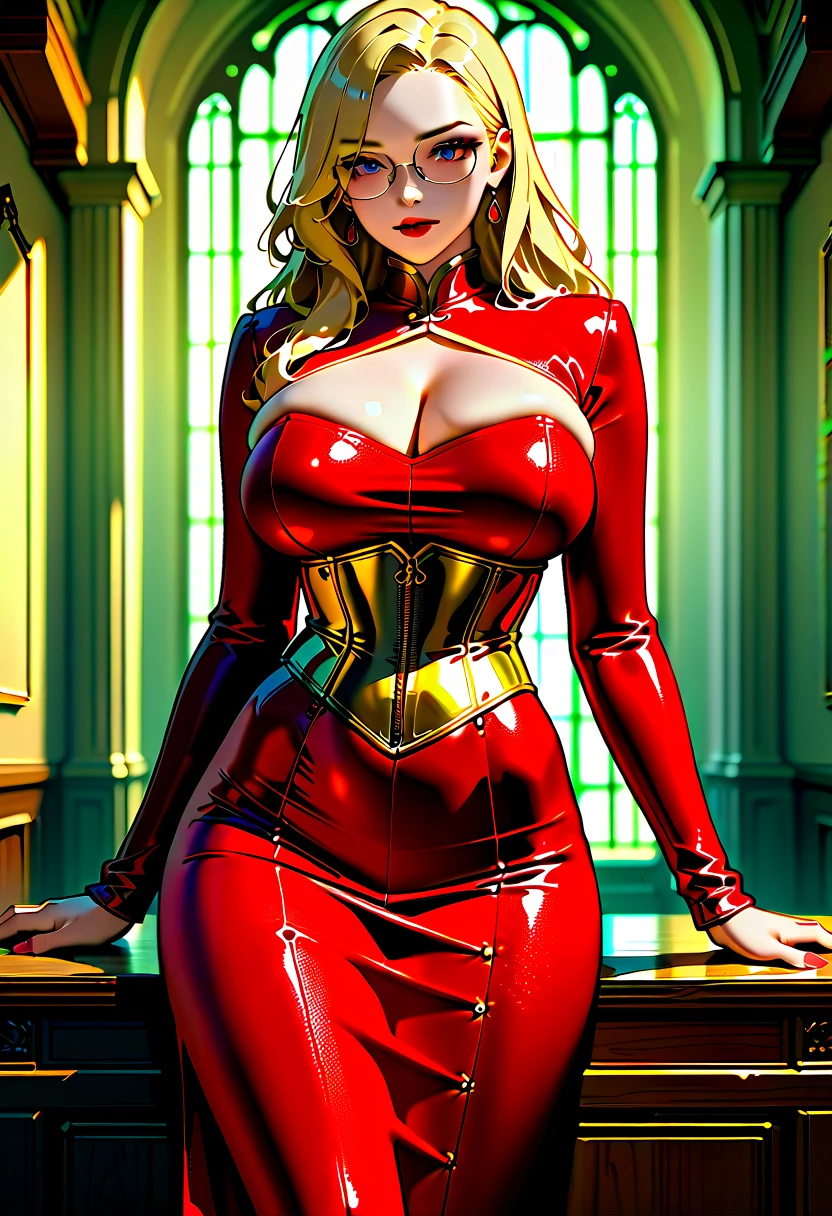 woman 18 years old, medieval clothes, sexy, curvy body, blonde hair, red clothes, 1girl, alone