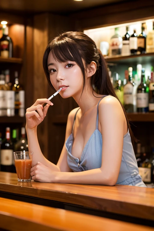 snack mom　Enjoying a drink with customers　Enjoying drinks with customers behind the counter　Edamame on the desk　mom is a beautiful woman　straight long hair　black hair　color behind々There are also alcoholic beverages lined up.　Sexy costumes　