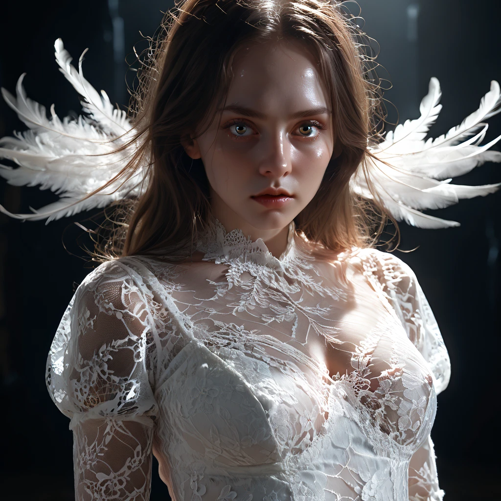 complex 3d render ultra detailed beautiful death angel, biomechanical cyborg, analog 150 mm lens, beautiful natural soft rim light, neon vein, roots, fine foliage lace, colorful details, Boris Bidjan Saberi outfit, pearl earrings, piercing, art nouveau fashion embroidered, intricate details, mesh wire, mandelbrot fractal, facial muscles, cable wires, microchip, badass, hyper realistic, ultra detailed, octane render,  volumetric lighting, 8k post-production, red and white with a bit of black, detailled metalic bones, semi human, iridescent colors, Glenn Brown style, futuristic room, power of the god, high-angle shot, complex body poses