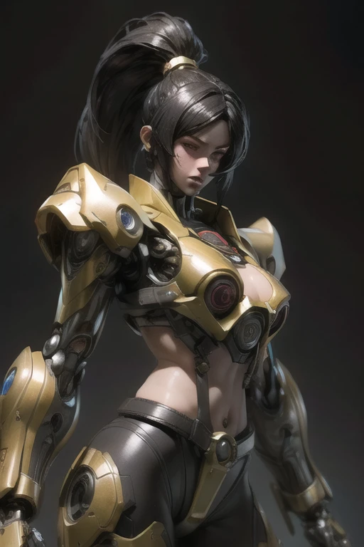 1girl, Future style gel coat, Future Combat Suit, black hair, breasts, cyberpunk, full body, gun, Yellow and black gel coats, Exposing the navel, Weapons on the side of the arm, Character design hologram, jacket, long hair, open clothes, realistic, science fiction, solo, standing, Holographic background,