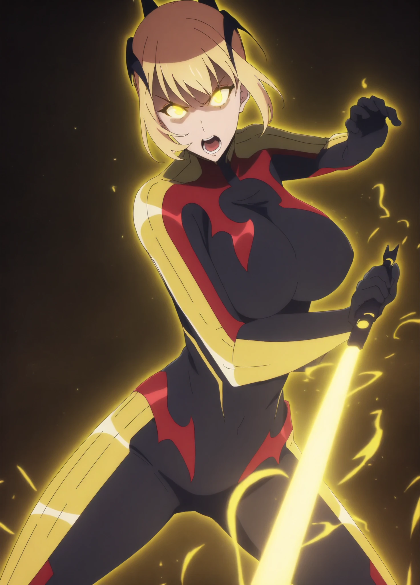head tilt,dynamic pose,

anime screencap,anime coloring,

(masterpiece, best quality:1.2),

haein2, 1girl, solo, blonde hair, short hair, bodysuit, open mouth, looking at viewer, hair ornament, saggy natural breasts, black bodysuit,large breasts, fighting stance,angry,
yellow eyes, glowing eyes, yellow aura,magic,
rapier,energy sword, glowing sword,

