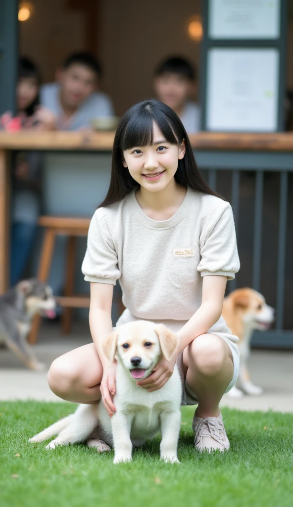 Asian cute girl, 8 years old, a little , with T-shirt and short skirt, big breasts, baby face, tiny kidiny body, short arms, short legs, bending forward, exposing her cleavage, solo, smile