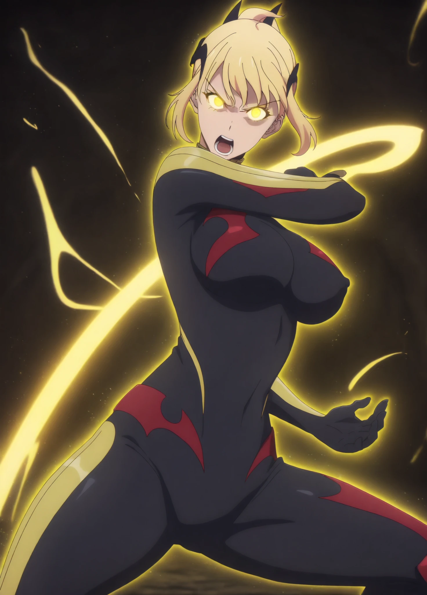 head tilt,dynamic pose,
anime screencap,anime coloring,
(masterpiece, best quality:1.2),
haein2, 1girl, solo, blonde hair, short hair, bodysuit, open mouth, looking at viewer, hair ornament, saggy natural breasts, black bodysuit,large breasts, fighting stance,angry,
yellow eyes, glowing eyes, yellow aura,magic,
rapier,energy sword, glowing sword,
nipple