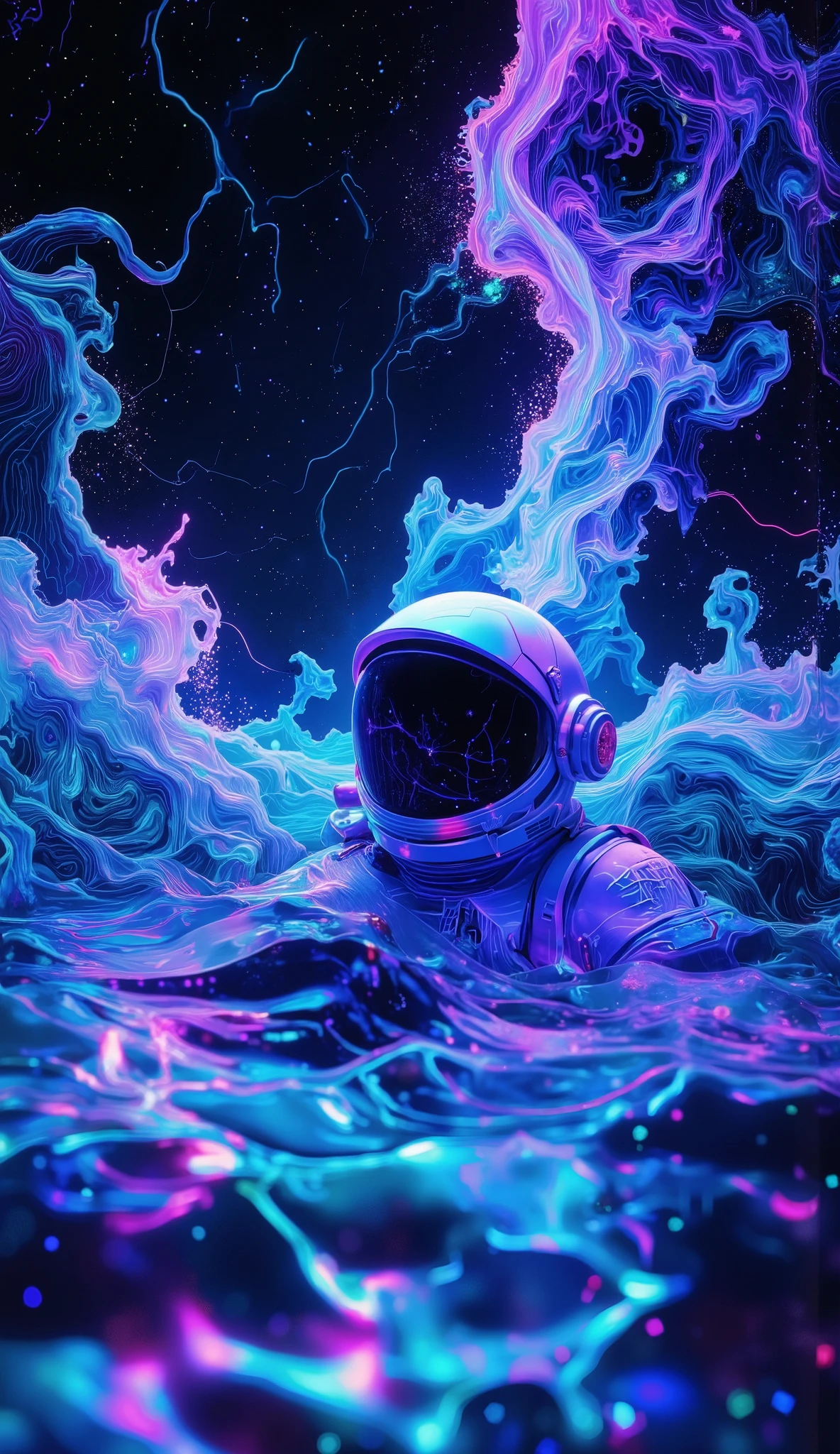 A mysterious astronaut sinking slowly into a glowing, magical psychedelic ocean under a starry sky, surrounded by ethereal light trails and floating ancient runes, his cracked helmet leaking stardust, galaxies reflected in the water, surreal atmosphere mixing science fiction and mysticism, dark blue and purple hues, hyper-realistic, cinematic lighting