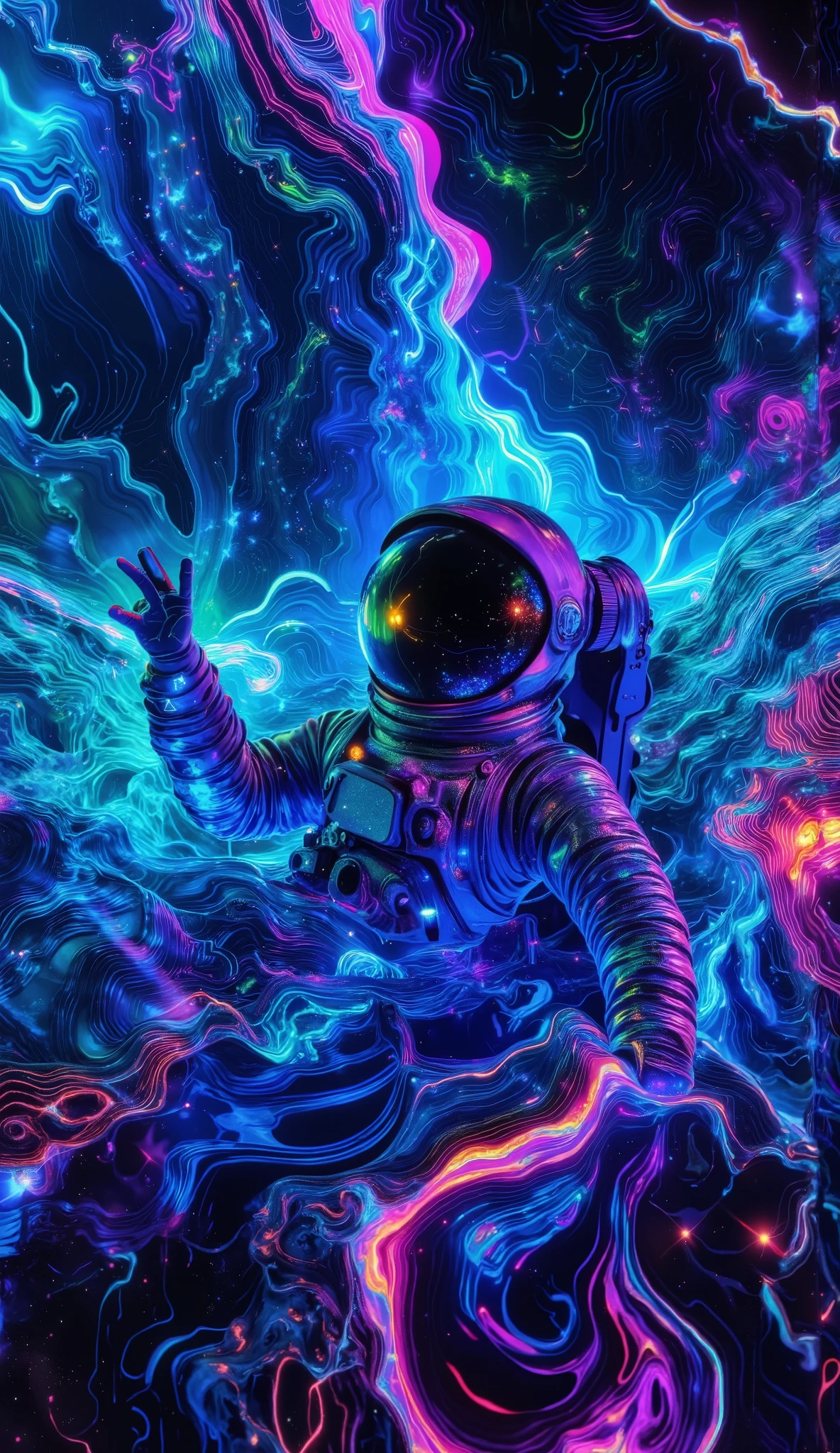 A mysterious astronaut sinking slowly into a glowing, magical psychedelic ocean under a starry sky, surrounded by ethereal light trails and floating ancient runes, his cracked helmet leaking stardust, galaxies reflected in the water, surreal atmosphere mixing science fiction and mysticism, dark blue and purple hues, hyper-realistic, cinematic lighting