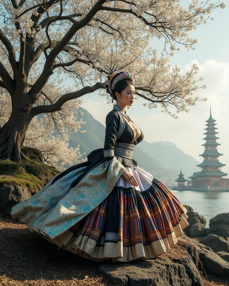Small in the vastness of the full scene, Ultra wide rande shot. A Hmong woman, gorgeous pretty with delicate features,strong chiseled face,full body,sliver big eyes,pale tan skin,Gauze skirt, big , round elongate face, slender body, Hmong female, high brightness,shimmer pearly color,high quality,ultra detailed,dynamic poses,dynamic angles,mysterious,fantasy,magic,shinning.
cyberpunk female android, "ultra detailed full body pose of cyberpunk female android, cyberpunk city skyline slums, white skin, robot body, wear Hmong outfit (cyberpunk style), sharp focus, sci - fi, fantasy art, digital illustration, dia de los muertos. octane render, unreal engine, global illumination, intricate detailed. concept art. art by artgerm and wlop and giger and greg rutkowski and rossdraws and alphonse mucha, Broken Glass effect, no background, stunning, something that even doesn't exist, mythical being, energy, molecular, textures, iridescent and luminescent scales, breathtaking beauty, pure perfection, divine presence, unforgettable, impressive, breathtaking beauty, Volumetric light, auras, rays, vivid colors reflects, professional ominous concept art, by artgerm and greg rutkowski, an intricate, elegant, highly detailed digital painting, concept art, smooth, sharp focus, illustration, in the style of simon stalenhag, wayne barlowe, and igor kieryluk.
The image is a digital illustration of a beautiful landscape with a golden pagoda in the background. The pagoda is a traditional Chinese temple with a tall, ornate roof and multiple levels. It is surrounded by a large tree with white flowers blooming on its branches. The tree is situated on a rocky shore with a body of water in front of it. The sky is filled with clouds and the sun is shining brightly, creating a warm glow over the scene. The overall mood of the image is peaceful and serene.