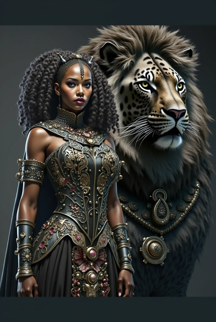 Mulher negra; Rainha guerreira; Afrofuturismo; luz difusa, figurino africano; Orixá Oxossi; saia com babados; ORIXA HUNTER, arco e flecha; afrofuturista; jaguar print;Afrofuturistic African warrior queen in Zulu collar costume with pheasant feathers, Beads & Beads, Mirrored metal parts with Zulu design and African Zulu crown print high heel boot