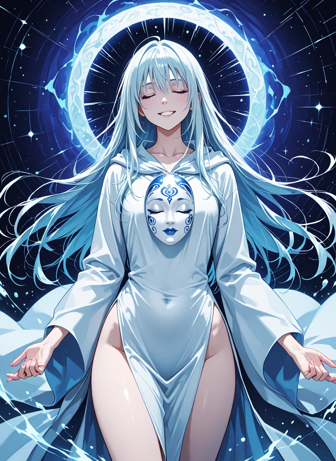 (((Pale Japanese super model))), ((Young)), (((Extremely long White hair))), (((Blue glowing eyes))), ((Dreamy big eyes)), ((Detailed Pupils)), ((Perfect lips)), (((Perfect face))), (Aroused), (((Sleeveless Aqua Pullover))), ((Red Pantyhose)), ((large breasts)), ((Long Legs)), (abs), ((Cinematic lighting)), ((Lights overlay)), ((hyper detailed)), ((Beautiful Detailed)), ((Extremely detailed)), ((Detailed Galaxy)), (((Sitting in Magma)))