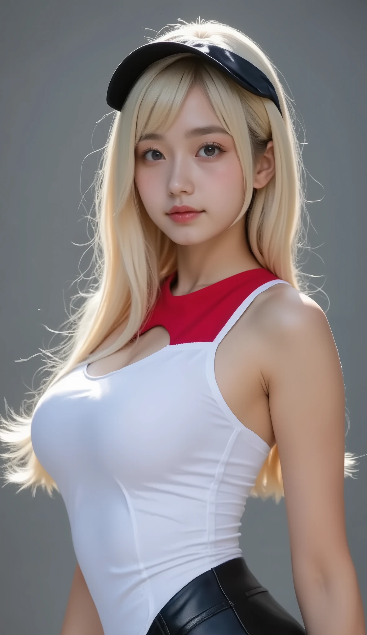 1girl, (Blue Eyes), (smiling :1.2), (Sana Minatozaki), (bright pink makeup :1.2), wide hips, Big tits, big ass, (thin waist: 1.2), (thick and toned thighs), (Best Quality, 8k, Masterpiece: 1.3), Clear Focus: 1.2, Perfect Body Beauty: 1.4, strong abs, Highly detailed face and skin texture, detailed eyes, double eyelids, (blonde long straight hair :1.3), (cleavage Pink sports top :1.2), (black sports shorts), in a park, soccer field in the background