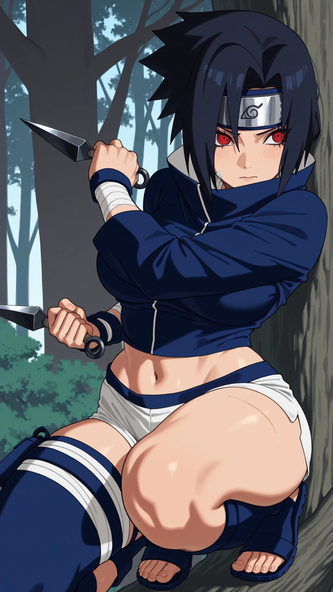 Masterpiece, 8k quality, extremelyl detailed, NSFW, adult female Sasuke Uchiha, waist-length raven hair tied back with layered fringe, intense eyes reflecting her Sharingan power, wearing a cropped navy-blue shinobi top and short white ninja shorts that reveal her toned midriff, lean waist, and athletic thighs, bandage wraps on her arms and left thigh, standard blue shinobi sandals, crouched on a thick tree branch in a poised battle stance, kunai in hand, exuding a focused, steely aura reminiscent of classic Naruto styling, large breast, wide hips, animedoujutsu, animeeyes, sharingan, solid circle eyes,red eyes,