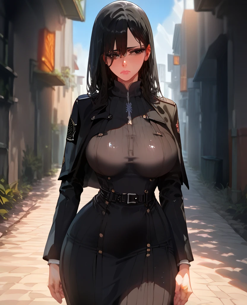 professional artwork, Intricate Details, field of view, sharp focus, detailed painting, photorealistic lighting, trending on pixiv, Standing at attention, black outfit ,yellow collared shirt,black and red bodysuit,skin_tight,black legwear, black pantyhose, Side_boob, black hair,very long hair, Bangs,yellow eyes,makeup, lipstick, 35yo,mature female,Beautiful Finger,Beautiful long legs,Beautiful body,Beautiful Nose,Beautiful character design, perfect eyes, perfect face, looking at viewer,official art,extremely detailed CG unreal engine 8k wallpaper, perfect lighting,Colorful, Bright_Front_face_Lighting, (masterpiece:1.0),(best_quality:1.0), ultra high res,4K,ultra-detailed, photography, 8K, HDR, highres, absurdres:1.2, Kodak portra 400, film grain, blurry background, (Beautiful,large_Breasts:1.4), (beautiful_face:1.5),(narrow_waist), (solo:1.4), ((landscape dimension)), rich detailed makeup, rich detailed eyeshadow, rich detailed lips, rich detailed lipstick, beautiful detail eyes