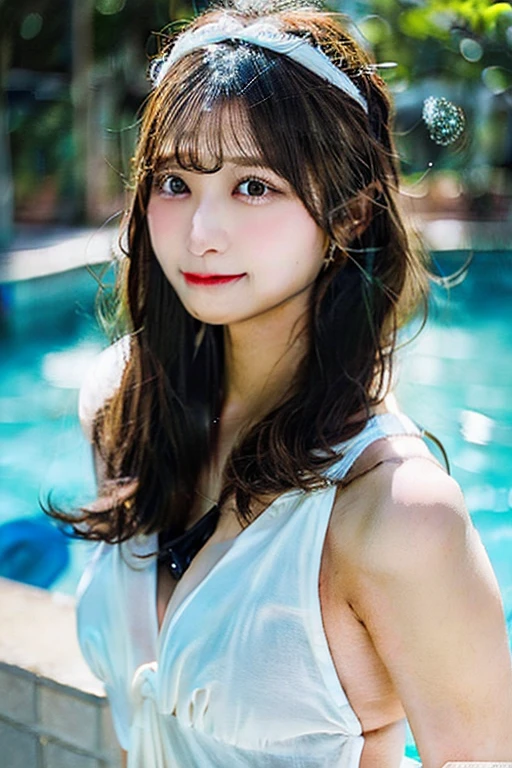 (16k、RAW Photos、highest quality、masterpiece:1.2)、(Realistic、Photorealistic)、1 girl、((White triangular bikini、Big Breasts、Cleavage、School swimming pool))、ahegao、rolling eyes、frustrated、Lots of eyelashes、Add shine to your eyelids、skeletally correct、Photo taken from above、