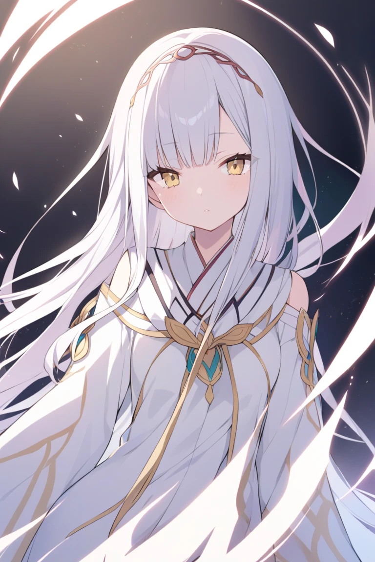 long flowing white hair, long eyelasher, Solid round eyes, light smile, Asymmetrical hair,, long whitr hair, light smile, seduct smile, ,Anatomically correct,, ctextured skin, super detailing, high detal, Award-Awarded, Best quality at best, A high resolution,Teenage girl,with fair skin,White wide sleeve floral skirt,Melon seed face,The face is beautiful,Photo of five fingertips on the palm,White dress