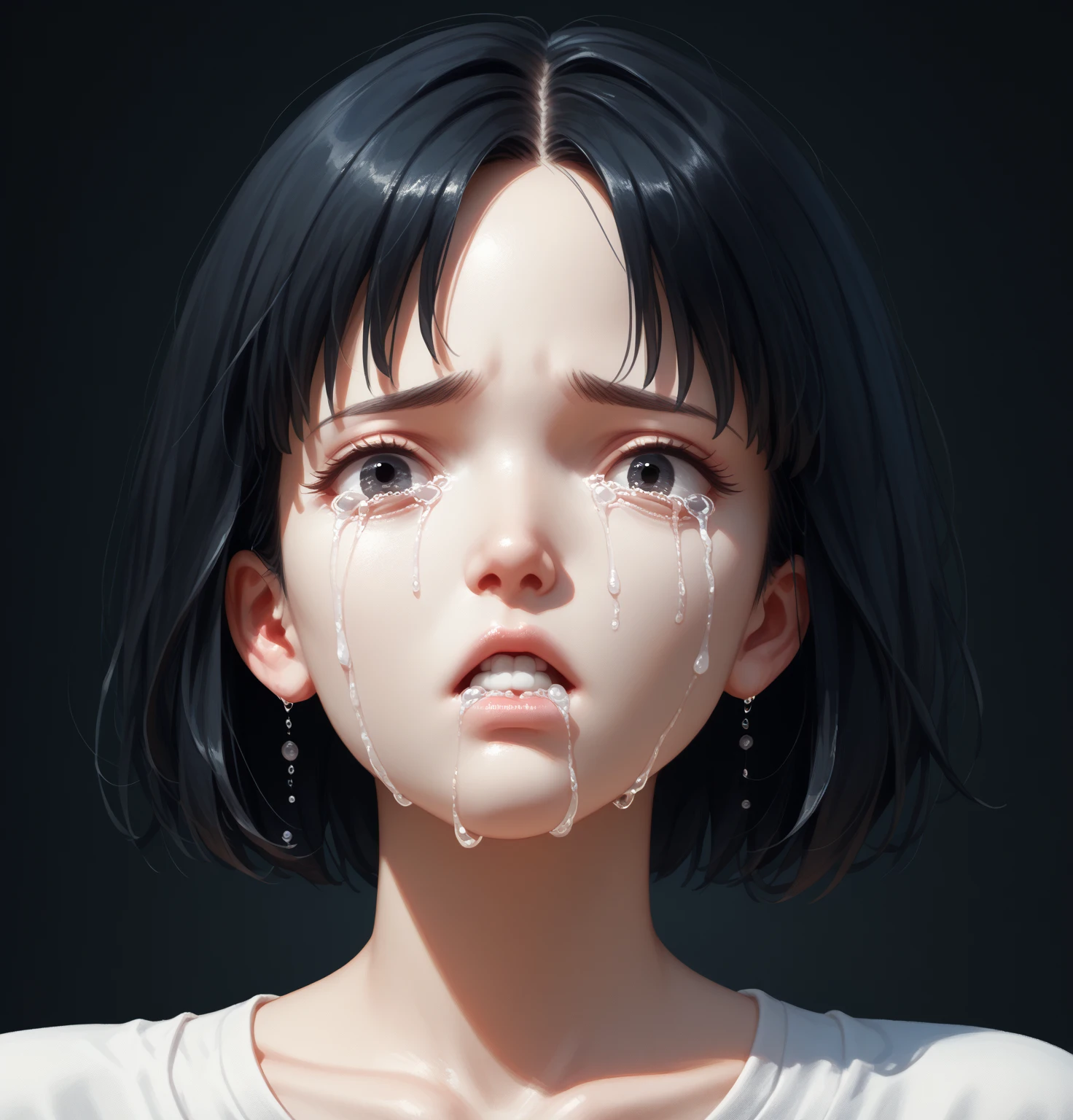 (Photorealsitic:1.4)、Woman with open mouth、(Emphasis on a big mouth: 1.2)、top-quality、extremely delicate and beautiful、hight resolution、beautiful lighting、、((((Dark background with nothing))))、1girl in、Tifa_lockhart、The upper part of the body、Black T-Bag、Lower breast、Shoulder、Navel Ejection、(Torn white shirt:1.5)、A dark-haired、length hair、elbowgloves、Beautiful detailed red eyes、Facial light、Since a while ago、(from the front side、a closeup:1.5)、、(Realistic in anime style、Lying in the dark、)、Japanese Bondage、bind、ropes、Bend your knees and open your legs wide、lighting on the face、illuminating、(The upper part of the body)、Face distorted by pain、(Pang、shout out:1.4)、(Massive tears)、(Looking Up)、(Staring overhead)、Wet eye makeup、face perfect、(Ultra-detailed eyesnose-mouth-tongue)、(begging forgiveness)、((A large amount of white translucent sticky liquid is sprayed on it.、skin is wet))、Abundant tears、Heavy drool、Trance、Trance、cum on