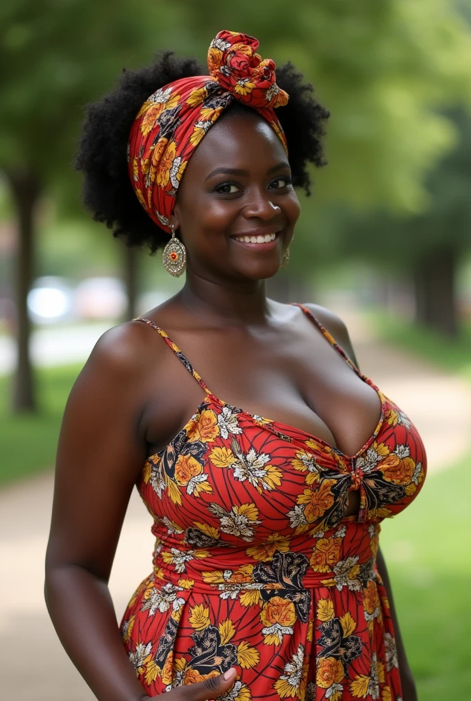 rural Ghanaian woman in traditional dress, sexy cleavage, big breasts (1.3),beautiful, traditional Ghanaian head scarf, simple jewelry, posing for photo, looking straight at viewer, very big breasts, sexy pose, detailed expression, full body (1.2)