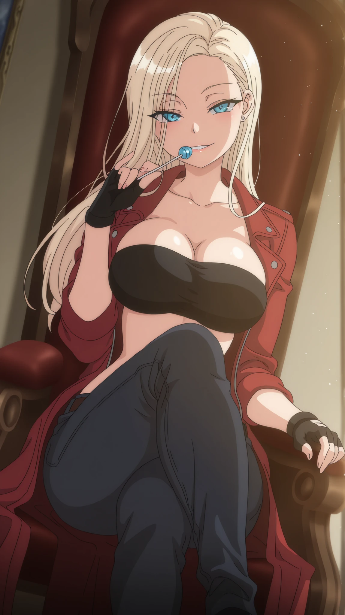 1 girl, reina kurashiki, alone, light blue eyes, blonde hair, masterpiece, best quality, amazing quality, very aesthetic, absurd, newest, landscape, anime screenshot, dutch angle, looking at viewer, slight smile, contrast, looking at viewer, seductive smile, anime coloring, expressive, sensual pose, full body, smiling, masterpiece, best quality, dynamic lighting, seductive smile, naughty, wild, looking at viewer, seductive body, sensual, detailed hand, detailed background, detailed eyes, flashy eyes, pretty eyes, perfect face, light particles, parted lips, happy, high quality dante devil may cry outfit, red coat, bandeau, fingerless gloves, pants, sitting in a king's chair, holding a lollipop