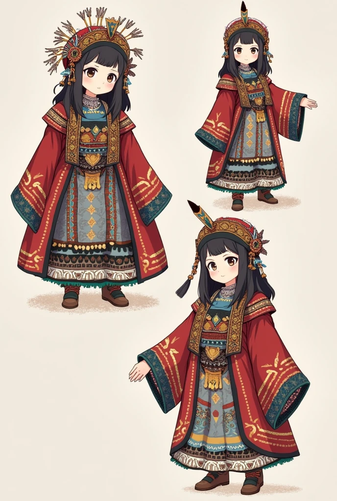 (Masterpiece, best quality) detailed, character list, Indian girl with many items, yokai illustration style, Aztec art, full of details, character sheet, multiple poss and expressions, highly detailed, depth, many parts