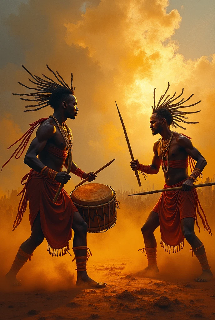 Generate me an image of two 3d cartoon african american characters fighting with spears in an african savannah