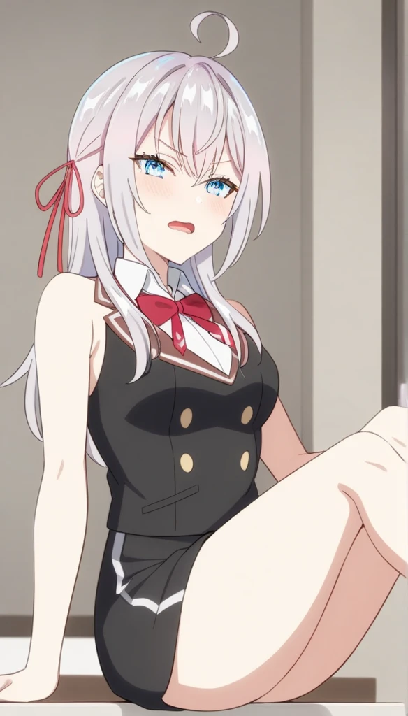 (Anime art style:0.1), 2D, masterpiece, Highest quality, so beautiful, Absurd, Dynamic Shadows, Atmospheric, Arisa_Mikhailovna, (One girl), (Grey Hair), Long Hair, blue eyes, Detailed eyes, Ahoge, Hair between the eyes, bangs, Medium chest, Curved body, compensate, Intense blush, clavicle, (Sexy smile), Hair Ribbon, (((Full Nude 1.8)))、 White knee socks,(((Pink nipples 1.5)))、 (Red Bow), bow tie, White shoes, Mary Jane, Sexy smile, (whole body), ((Leg spread)), View your viewers, classroom, blackboard, cloud, On the floor, city