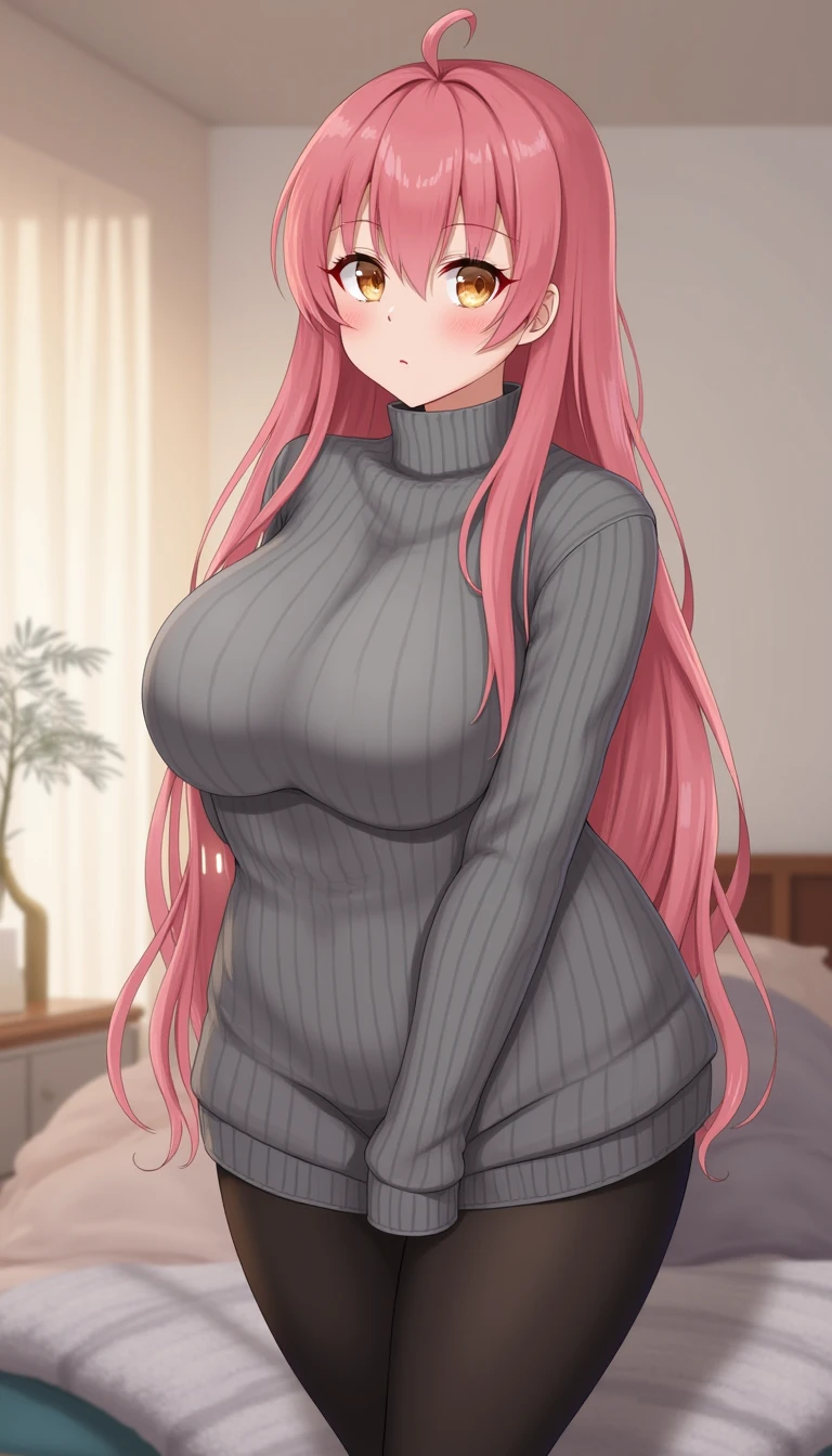 24 years old, long pink hair, black sweater, chubby