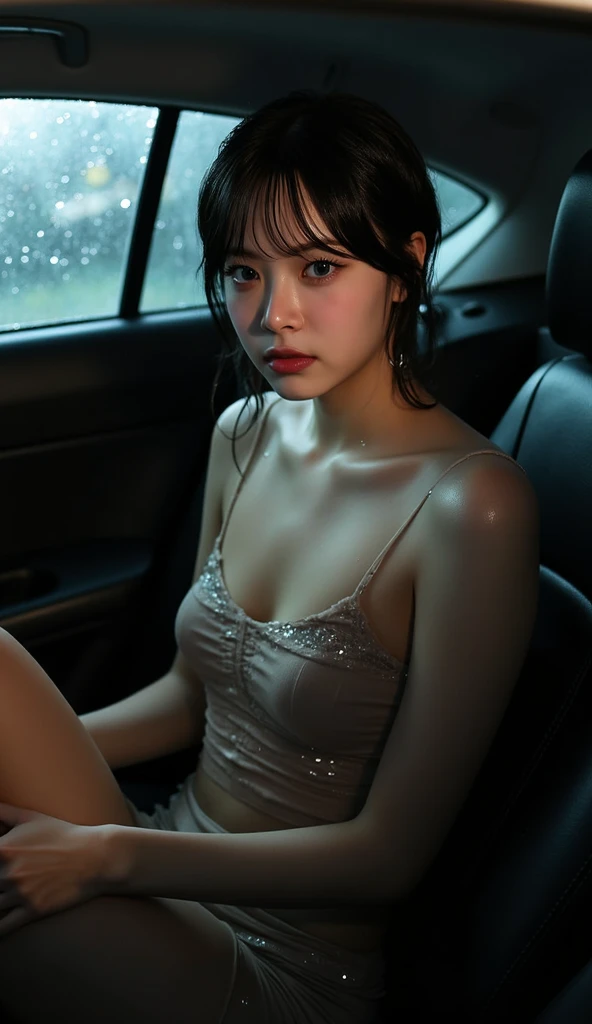 Cool Beauty Beauty Serious Theme, ulzzang-6500-v1.1, (Raw photo:1.2), (Photorealistic:1.4),Seen from below, Beautiful detailed girl, Beautiful  with neat lower body small  proportions, Very detailed eyes and face, Beautiful detailed eyes, ridiculous, incredibly ridiculous, huge file size, super detailed, high resolution, very detailed, top quality, masterpiece, venue with a  atmosphere, ((Japan girl underground idol)), illustration, very detailed, cg, unification, 8k wallpaper, wonderful, fine details, (tiny little , the most  expression  aroused with eyes closed), small , beautiful lower body neat and beautiful proportions, (17-year-old girl with a sensual look, no makeup) masterpiece, Top quality, highly detailed CG uniform 8k wallpaper, light on face, boyfriend's bed in the dark, disheveled outfit mini nightgown, of a 17-year-old girl with a sensual expression (without panties) (no bra)), ((posing with hands crossed above head showing armpits in car seat))), (showing small ), (half), disheveled outfit  mini nightgown) ((( No panties) (no bra)), (Pose with arms crossed above head showing sides in a car seat in the dark, exposing soft skin) (Composition is a pose pose in which a 17-year-old girl with a sensual expression leans against a car seat, shows her armpits, and crosses her hands above her head) (Red dog collar and chain lead around her neck)) (Lying down with hands raised) (ecstatic sensual expression), ( 17-year-old girl with sensual expression, no makeup) disheveled nightgown ((without panties)), (( dynamic pose))), (), (hands stretched up and crossed), ( and thighs open), (poses with arms crossed over head showing sides), (showing unobstructed ), (gray pantyhose), (without panties)), ( Sitting with legs bent at the knees)) ((( and open to the thigh))) (left side of the screen is the sunset light, right side is dark with shadows) (strobe lighting) (pose with han