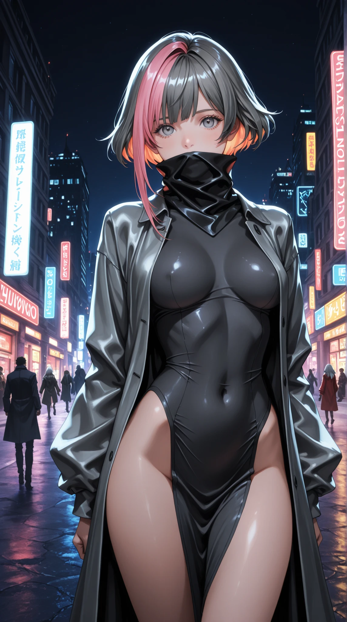 a scared and embarrassed redheaded woman, hair in a ponytail, her bright eyes super detailed, full lips painted red, chiseled physique and wide hips. She wears a closed black leather jumpsuit, whose shiny surface accentuates her shape. A windbreaker with a hood and a neon pink interior covers your shoulders and a pleased skirt. Walking down a busy street, she attracts glances from onlookers. This image exudes realism, capturing the essence of a fragile and embarrassed figure. Digital art, high definition and photorealistic technique